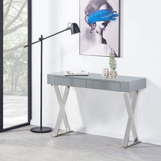 Mayline Console Table In Grey High Gloss With Glass Top