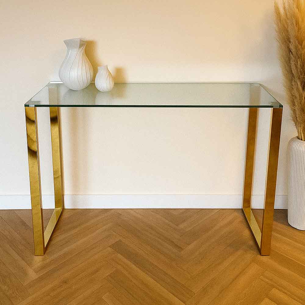 Megan Clear Glass Rectangular Console Table With Gold Legs