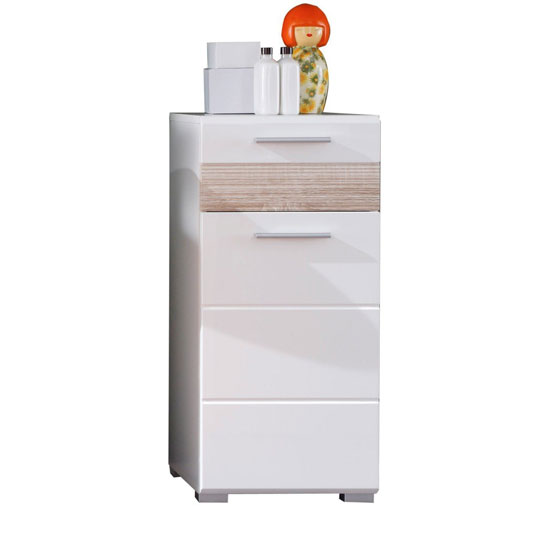 Read more about Mezzo storage cabinet in white with gloss front and light oak