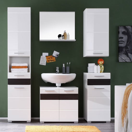 Photo of Mezzo bathroom set in white with high gloss and melinga dark oak