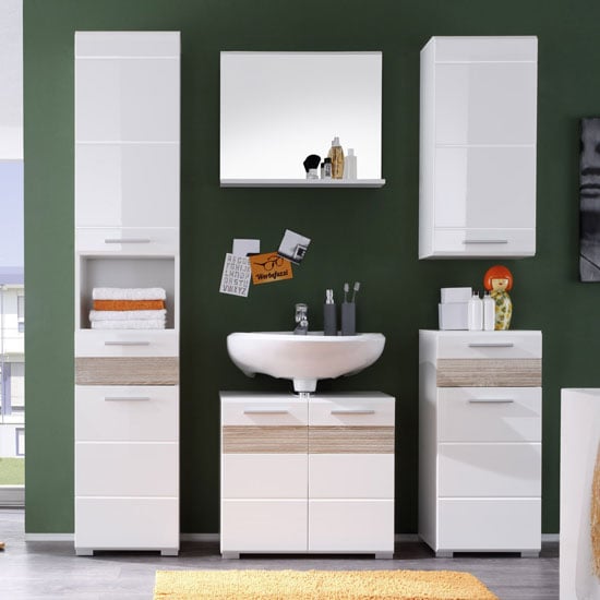 Read more about Mezzo bathroom set in white with high gloss and light oak