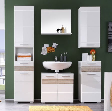Mezzo Bathroom Set In White With High Gloss And Light Oak
