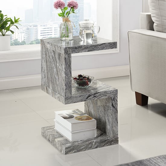 Read more about Miami high gloss s shape side table in melange marble effect