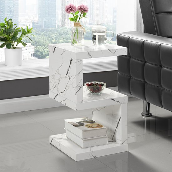 Photo of Miami high gloss s shape side table in vida marble effect