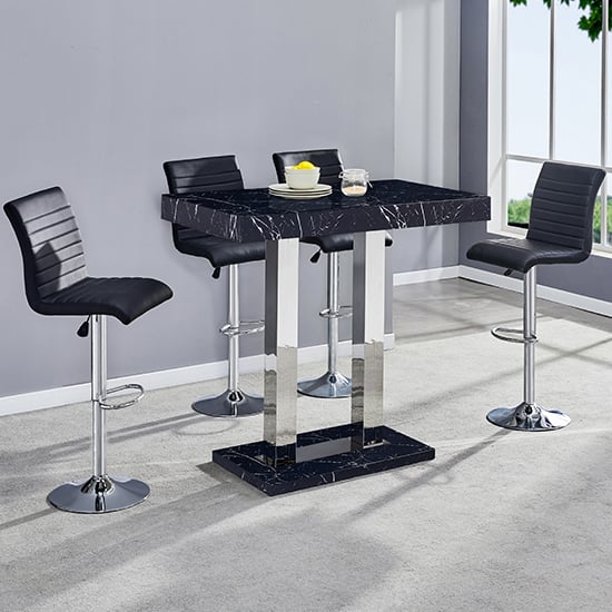 Read more about Milano marble effect gloss bar table with 4 ripple black stools