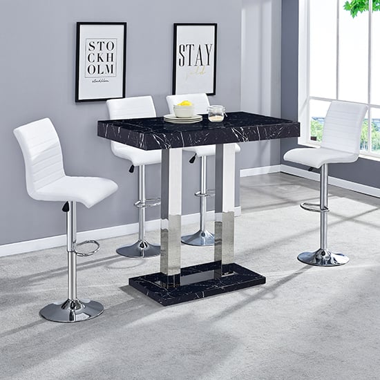 Photo of Milano marble effect gloss bar table with 4 ripple white stools