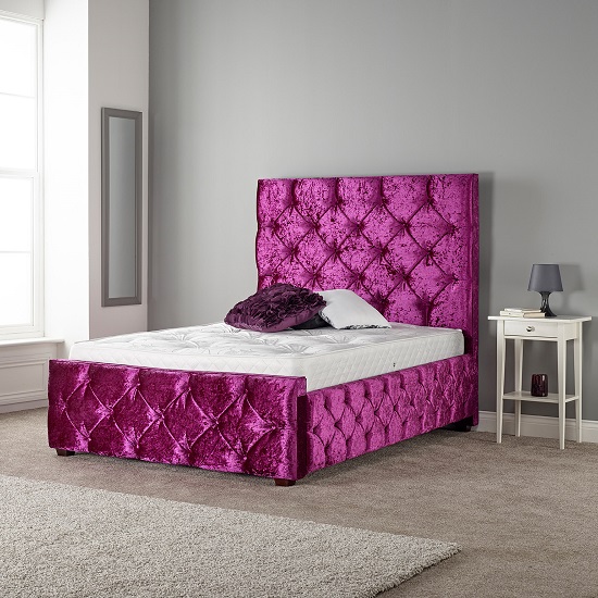 Read more about Catherine modern bed in glitz fuchsia with wooden feet