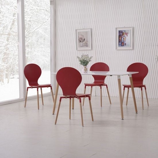 Photo of Napoli dining table in white top and 6 red dining chairs