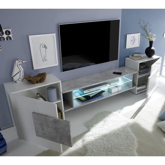 Nevaeh Wooden TV Stand In White High Gloss And Cement Effect_2