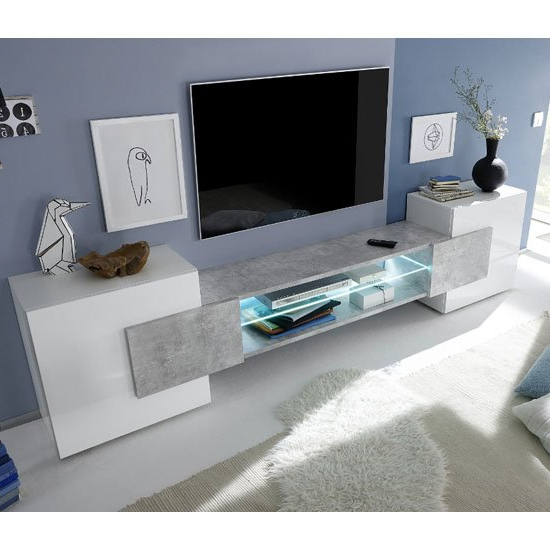 Photo of Nevaeh wooden tv stand in white high gloss and cement effect