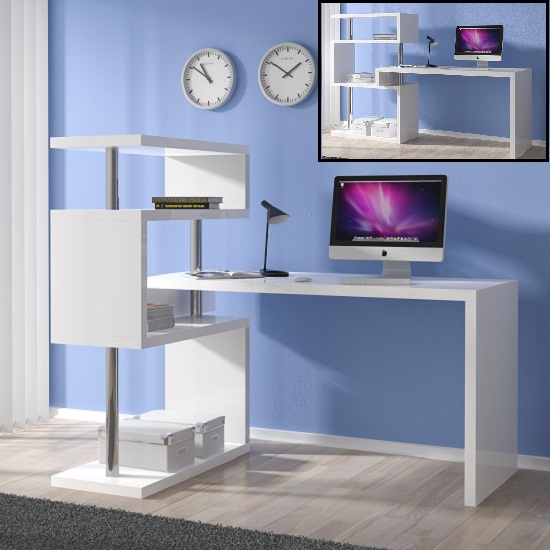 Miami Computer Desk Rotating In White Gloss With Shelving Unit