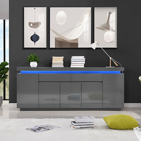 Odessa Grey High Gloss Sideboard With 5 Door 2 Drawer And LED