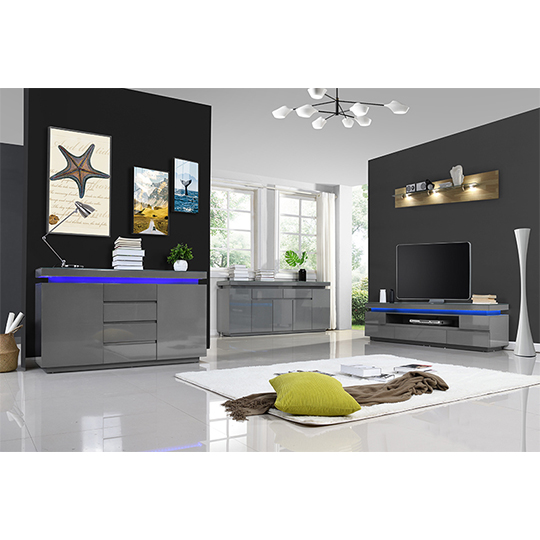 Odessa Grey High Gloss Sideboard With 5 Door 2 Drawer And LED