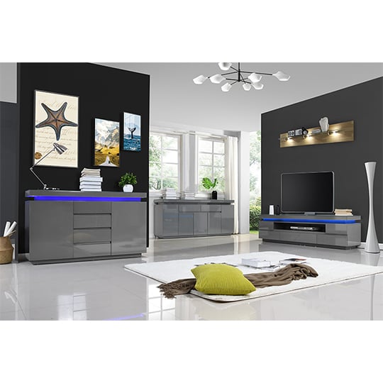 Odessa Grey High Gloss TV Stand With 5 Drawers And LED Lights_9