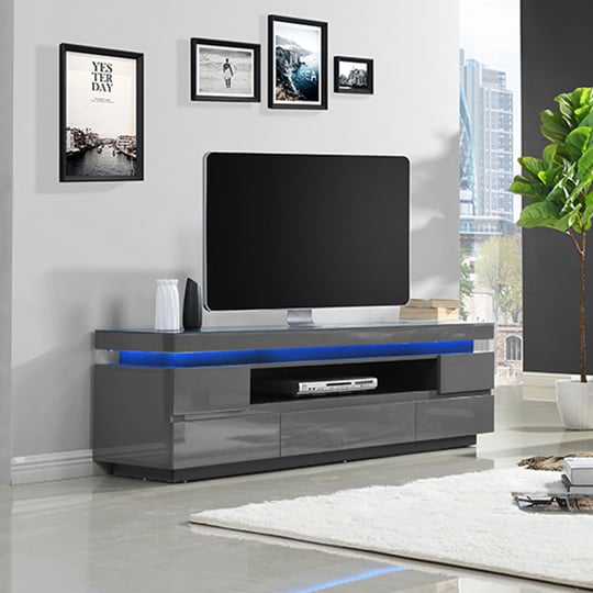 Product photograph of Odessa Grey High Gloss Tv Stand With 5 Drawers And Led Lights from Furniture in Fashion