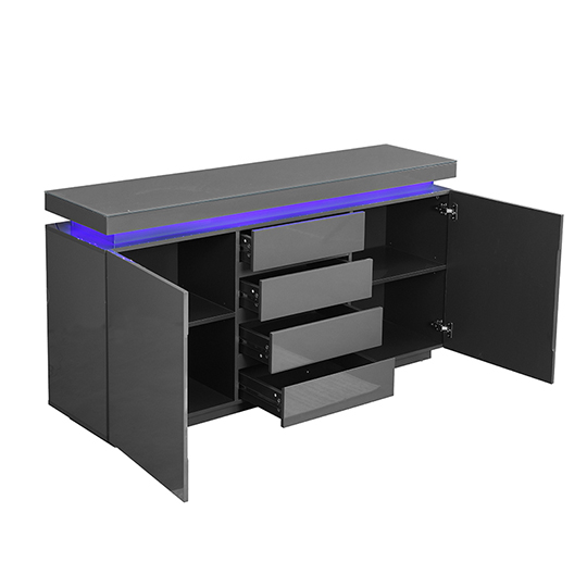 Odessa Grey High Gloss Sideboard With 2 Door 4 Drawer And LED