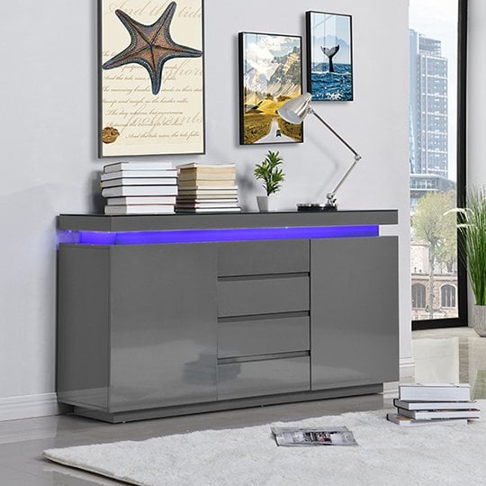 Odessa Grey High Gloss Sideboard With 2 Door 4 Drawer And LED_1