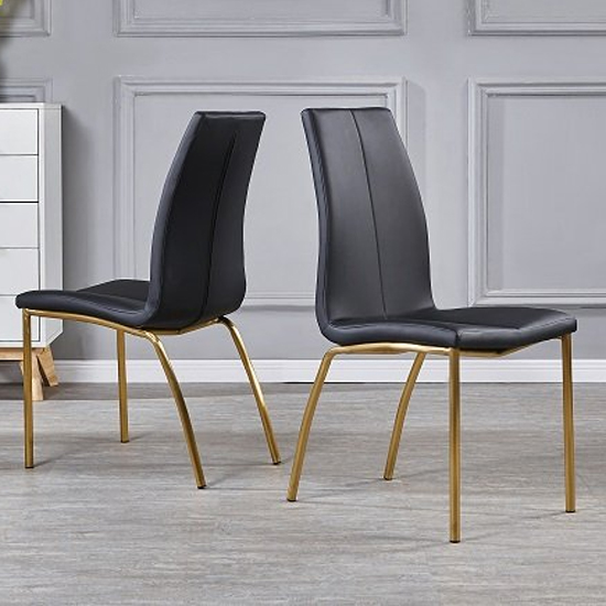 Opal Dining Chair In Black PU With Brushed Gold Base In A Pair