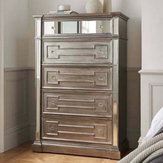 Product photograph of Opel Mirrored Wooden Chest Of 5 Drawers In Grey from Furniture in Fashion
