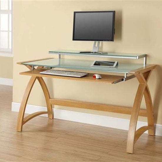 Cohen Curve Computer Desk Large In White Glass Top And Oak