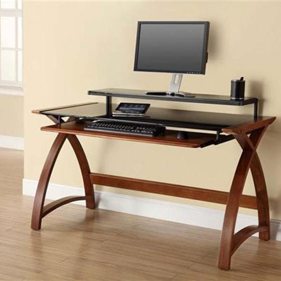 Cohen Curve Computer Desk Large In Black Glass Top And Walnut