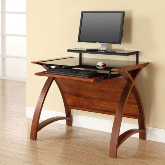 Product photograph of Cohen Curve Computer Desk Small In Black Glass Top And Walnut from Furniture in Fashion