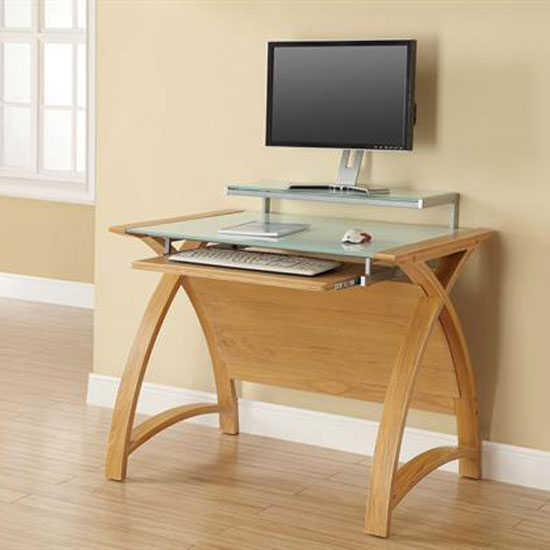 Read more about Cohen curve computer desk small in milk white glass top and oak