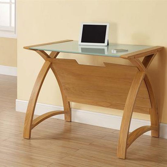 Read more about Cohen curve laptop table small in milk white glass top and oak