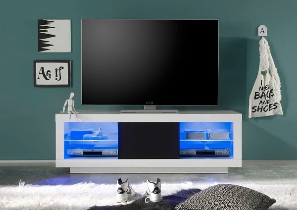Wales LCD TV Stand In White Gloss Front And Black Trim With LEDs_2