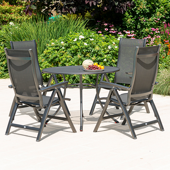 Read more about Prats outdoor 1050mm dining table with 4 recliners in grey