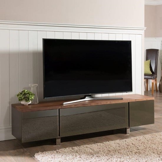 Hessel Wooden TV Cabinet Large In Walnut With Grey Glass