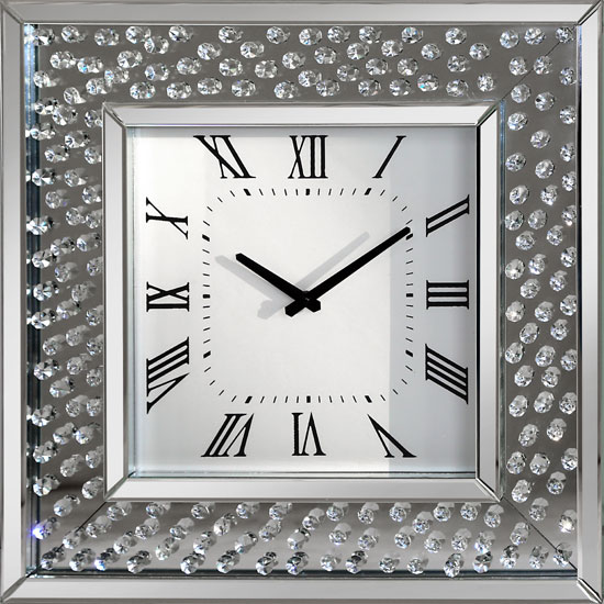 Rosalie Wall Clock Square In Mirrored Glass With Crystals Border