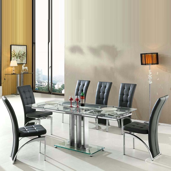 Rihanna Extending Glass Dining Table 6 Ravenna Black Chairs