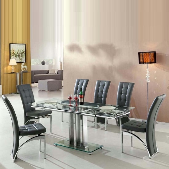 Read more about Rihanna extending clear glass dining table 6 ravenna grey chairs