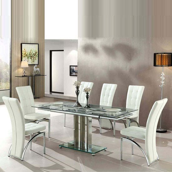 Rihanna Extending Glass Dining Table 6 Ravenna White Chairs