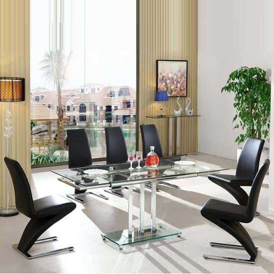 Read more about Rihanna extending glass dining table with 6 demi z black chairs