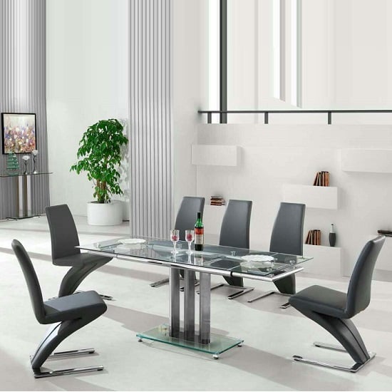 Read more about Rihanna extending clear glass dining table 6 demi grey chairs