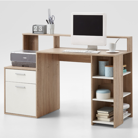 Product photograph of Rocco Wooden Computer Desk In Canadian Oak And White from Furniture in Fashion