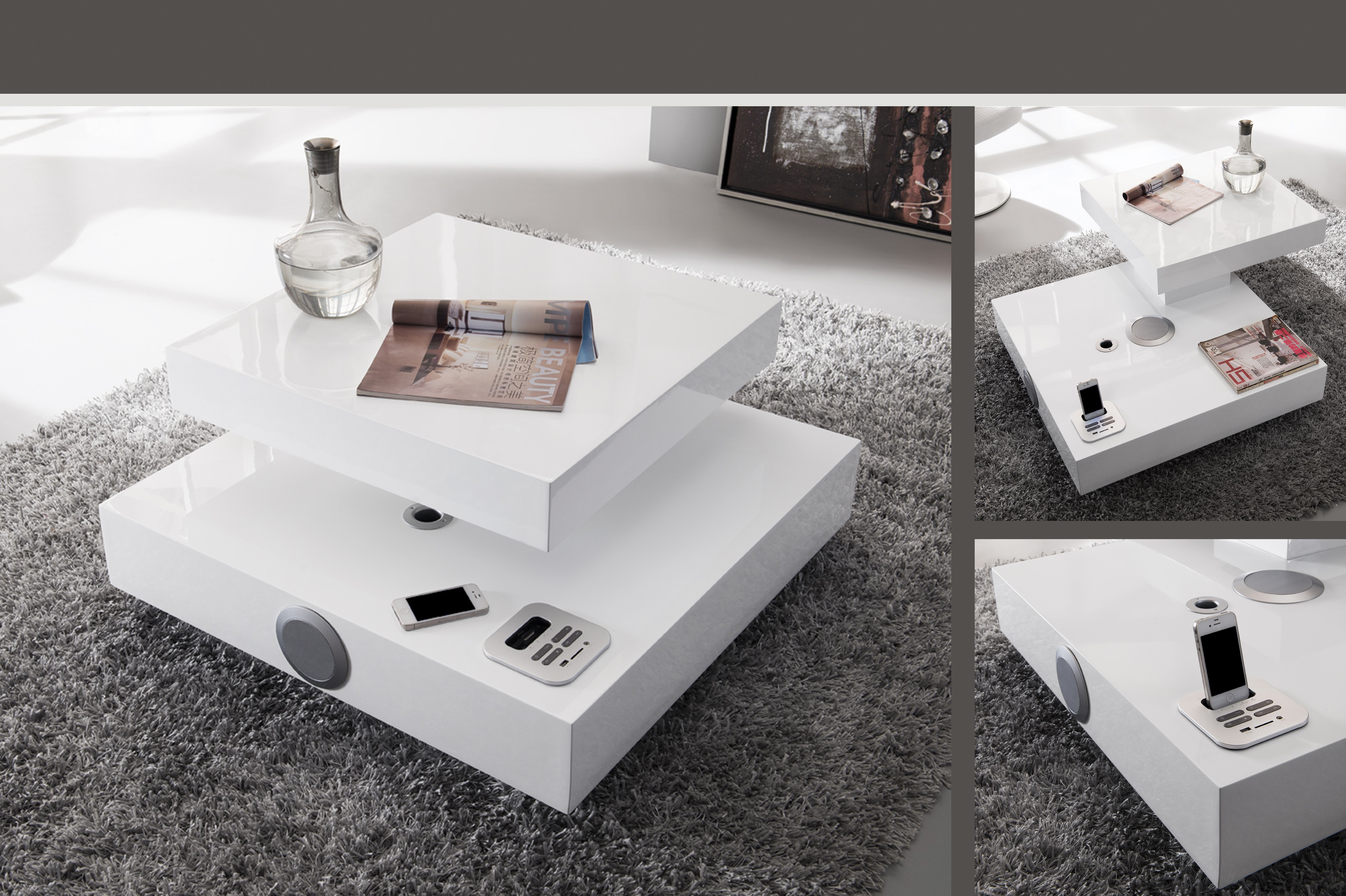 Apples High Gloss Coffee Table In White With Speakers And Usb