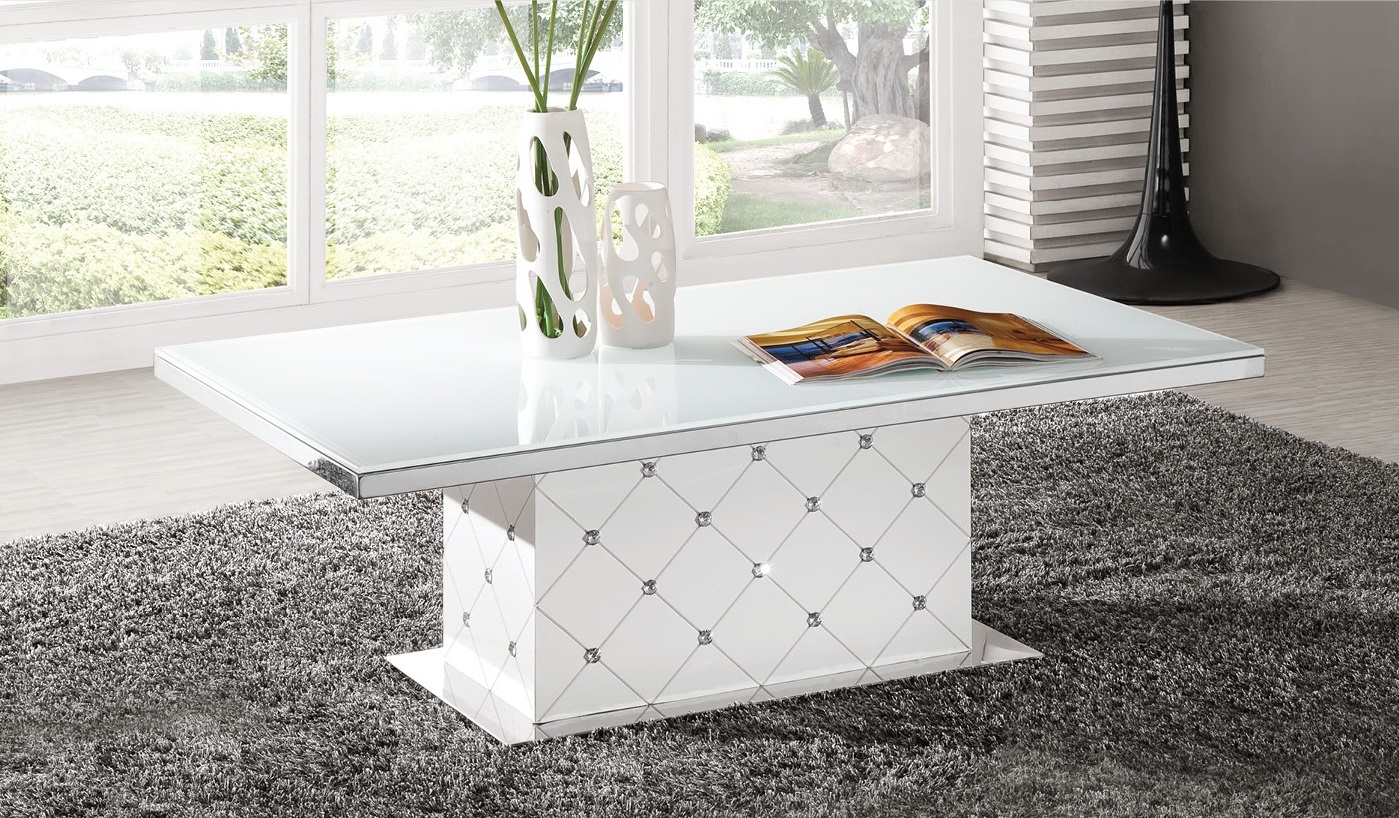 Levono High Gloss Coffee Table In White With Rhinestone