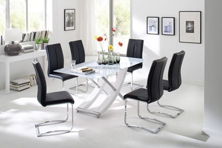 Samova Glass Dining Table In Gloss White With 6 Tavis Chairs