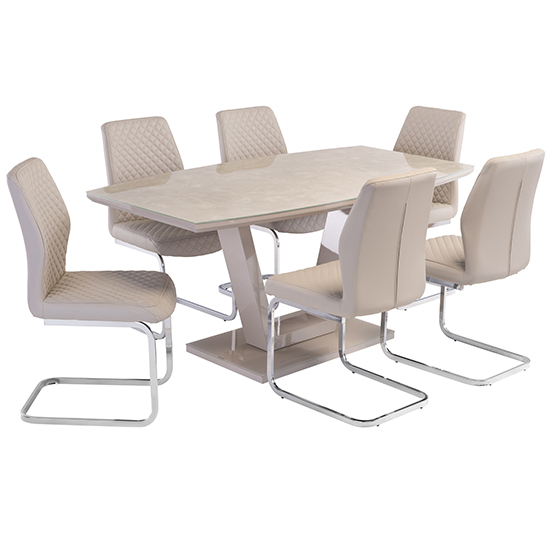 Samson Glass Top Gloss Marble Effect Dining Table In Latte