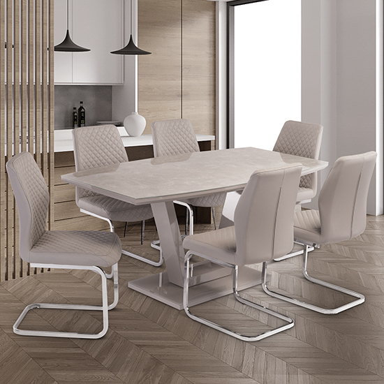 Samson Glass Top Gloss Marble Effect Dining Table In Latte