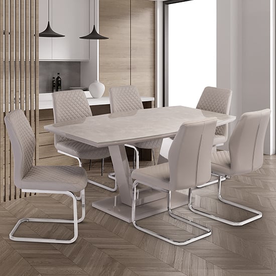 View Samson latte gloss dining table with 6 caprika stone chairs