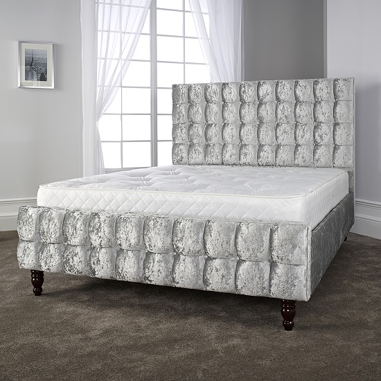 Product photograph of Breslin Stylish Bed In Glitz Ice With Baroque Wooden Feet from Furniture in Fashion