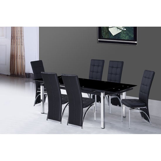 Photo of Sarah extending black glass dining table 6 ravenna black chairs