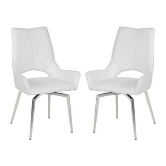 Scissett Swivel White Faux Leather Dining Chairs In Pair
