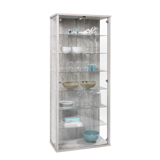 Napoli Tall Glass Display Stand In Sand Oak With LED Lights Furniture in Fashion