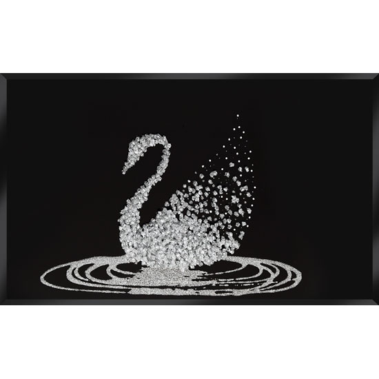 Peyton Glass Wall Art Large In Silver Glitter Swan On Black