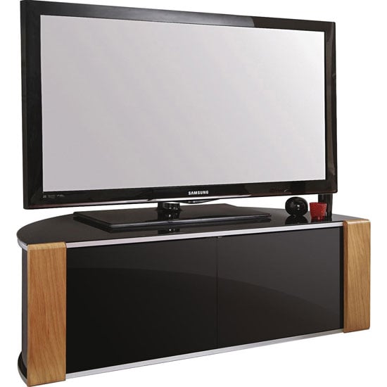 Product photograph of Sanja Medium Corner High Gloss Tv Stand In Walnut And Black from Furniture in Fashion